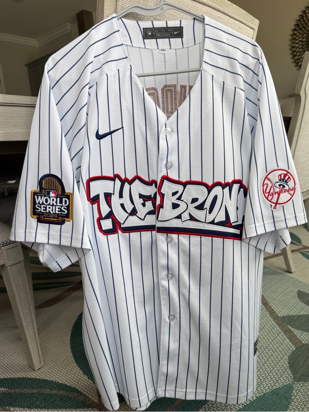 Nike White Pinstripe Yankees "The Bronx" Baseball Jersey with Navy & Red Accents